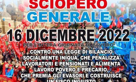 VENERDÌ 16 DICEMBRE 2022 SCIOPERO GENERALE CONTRO LA LEGGE DI BILANCIO